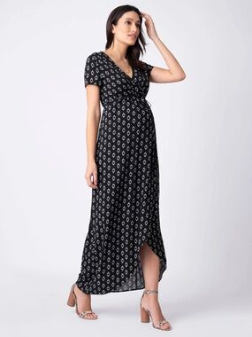 Seraphine Maxi Wrap Maternity Dress Black V-Neck Short Sleeve Geometric Size 2